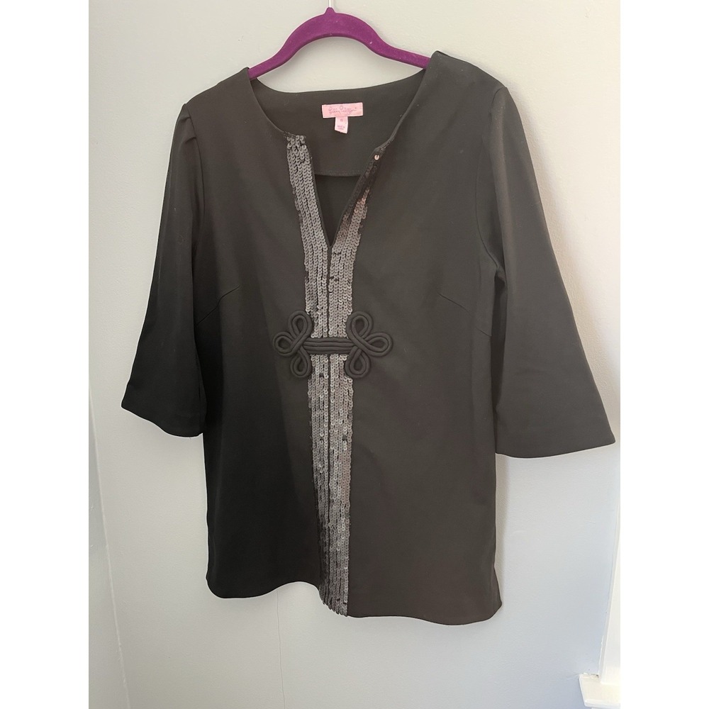Lilly Pulitzer Women's Top Tunic Black 3/4 Sleeve V-Neck Sequins Details Size 10